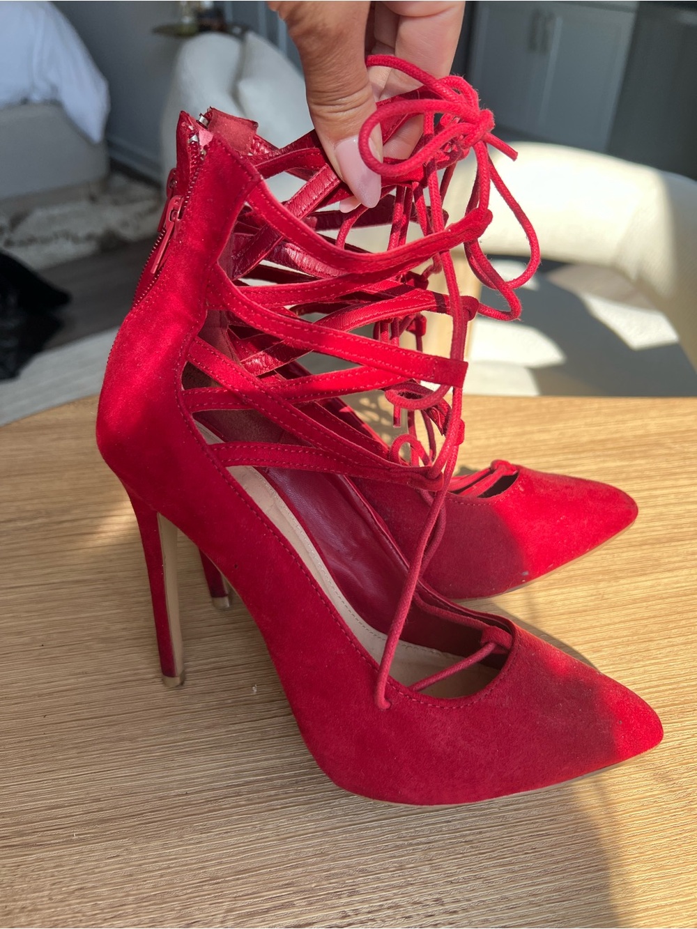 Charlotte Russe Red Lace-Up Pointed-Toe Stiletto Heels